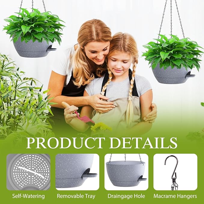 12 Inch Hanging Baskets 2 PC with Chains, Self-Watering Hanging Planters for Indoor Outdoor Plants, Plastic Hanging Flower Pots,Speckled Grey