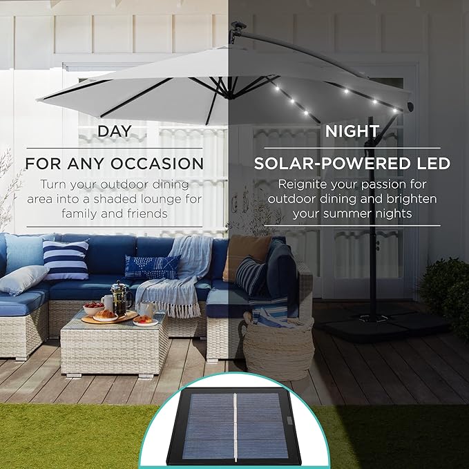 Best Choice Products 10ft Solar LED Offset Cantilever Hanging Market Patio Umbrella, 8 Sturdy Ribs, Easy Adjustment - Fog Gray