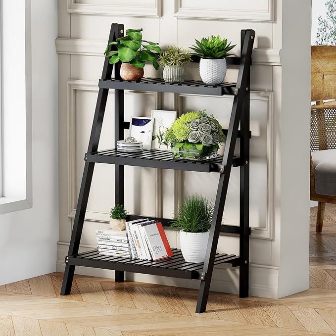 39.4" Foldable Plant Shelf Ladder Shelf, 3 Tier Bamboo Ladder Flower Pot Display Shelf, Freestanding Ladder Bookshelf for Garden, Balcony, Yard, Living Room, 23.6" W x 15" D x 39.4" H, Black