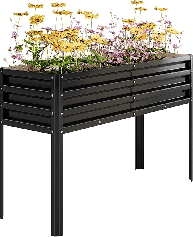 Galvanized Raised Garden Bed with Legs&Water Storage - 50×32×17 in Metal Planter Box, Outdoor Raised Garden Beds Gardening, Durable Planter Raised Beds, Sturdy Planters for Outdoor Plants (Black)