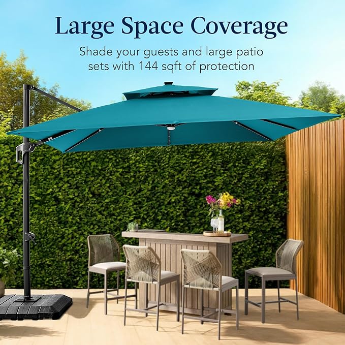 Best Choice Products 12x12ft LED Cantilever Patio Umbrella w/Base Included & 360° Rotation, Large Solar Offset Hanging Outdoor Sun Shade for Deck, Backyard Table w/Stand & Lights – Cerulean