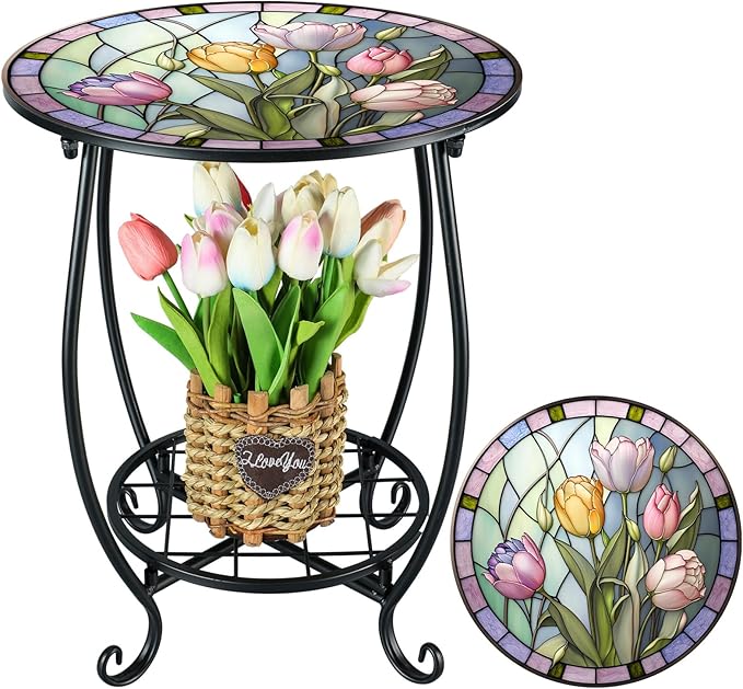 Outdoor Side Table Round Small Mosaic Patio Accent Indoor End Plant Coffee Tea Table for Yard Patio Porch Garden Living Room, Bedroom(Tulip Style,14 Inch)