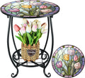 Outdoor Side Table Round Small Mosaic Patio Accent Indoor End Plant Coffee Tea Table for Yard Patio Porch Garden Living Room, Bedroom(Tulip Style,14 Inch)