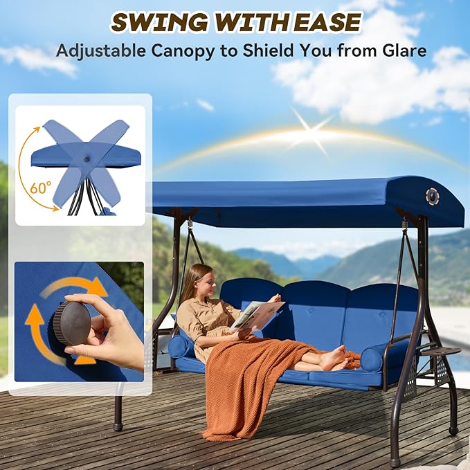 3 in 1 Outdoor Porch Swing with Adjustable Canopy, 3 Seat Outdoor Swing for Adults, Patio Swing Chair with Thickened Cushions,Pillows & Cup Holders for Backyard, Porch, Garden (Blue)