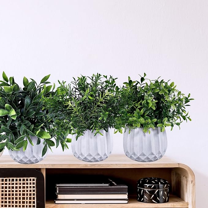 Winlyn 3 Pcs Faux Potted Plants Set - Artificial Eucalyptus, Rosemary, Boxwood Greenery in Small White Geometric Planters for Indoor Outdoor Desk Table Centerpiece Shelf Windowsill Home Office Decor