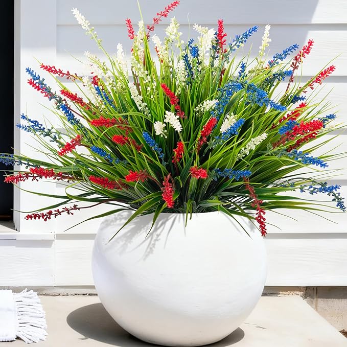 Artificial Faux Plants for Outdoor Spring Decoration, 12 Pcs Fake Monkey Grass for Garden Porch Balcony Planters, Fake Flowers Shrubs UV Resistant No Fade Plants Greenery Bush (Red Blue White)