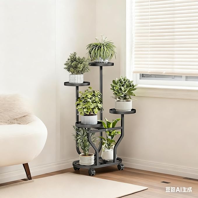 Plant Stand Indoor Outdoor 4 Tier Flower Holder with Wheels Metal Plant Shelf Corner Display Rack Multi Plants Sheleves for Living Room Garden Patio Black