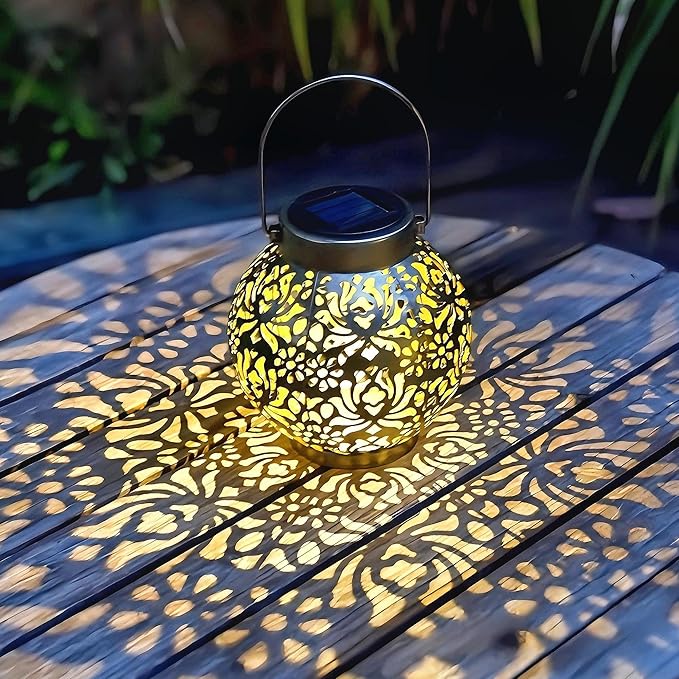 2 Pack Outdoor Solar Hanging Lantern Lights Metal LED Decorative Lamp for Garden Patio Courtyard Lawn and Table with Hollowed-Out Design (Antique Bronze)