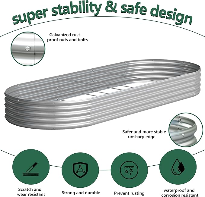 2PCS 12x4x1FT Galvanized Raised Garden Bed Kit,Vegetable Boxes-Oval Metal Flower Box,Large Planter Raised Beds Outdoor Garden for Planting,Fruit,Herb-Silver