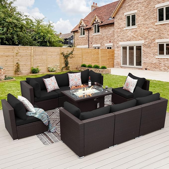 NICESOUL Large Size Patio Furniture Set with Fire Pit Natural Gas/Propane, 29.3'' High Backrest Luxurious Outdoor Modular Sofa Set, 9 Piece Heavy Duty Conversations, Brown Rattan and Black Cushion
