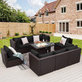 NICESOUL Large Size Patio Furniture Set with Fire Pit Natural Gas/Propane, 29.3'' High Backrest Luxurious Outdoor Modular Sofa Set, 9 Piece Heavy Duty Conversations, Brown Rattan and Black Cushion