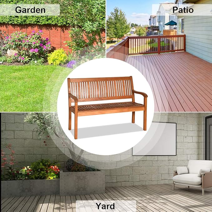 Tangkula Outdoor Wood Garden Bench, 50" W Solid Wood Patio Park Bench with Dense Slatted Backrest & Seat, Curved Armrest, Large Wooden Loveseat Bench for Deck, Porch, Poolside, Yard & Balcony