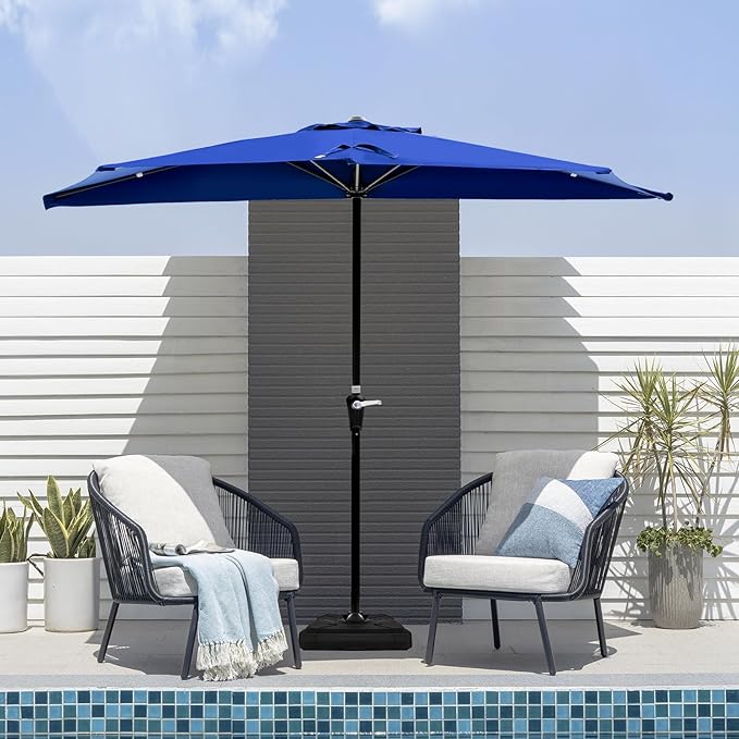 OLIXIS Half 9Ft Umbrella Outdoor Patio, Scalloped Patio Umbrella with Easy Crank, Sun Half Patio Umbrella for Balcony, Market, Garden, Blue