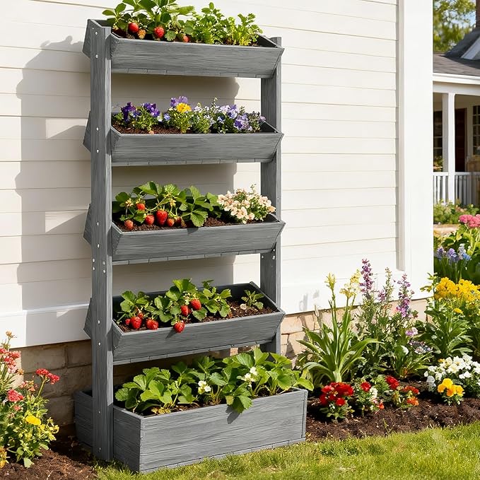 SUNYRISY 5 Tiers Vertical Raised Garden Bed Outdoor Planter Tower, Wooden Freestanding Planter Box for Planting Herbs Flowers Vegetables Patio Balcony Indoor Outdoor Gardening, Grey