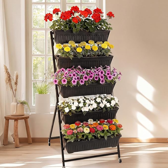 2 Pack 5-Tier Vertical Garden Planter 4.5 ft Tall Raised Garden Bed with Lockable Wheels & Drainage, Removable Elevated Herb Vegetable Flower Planter for Patio Deck Indoor Outdoor(Black)