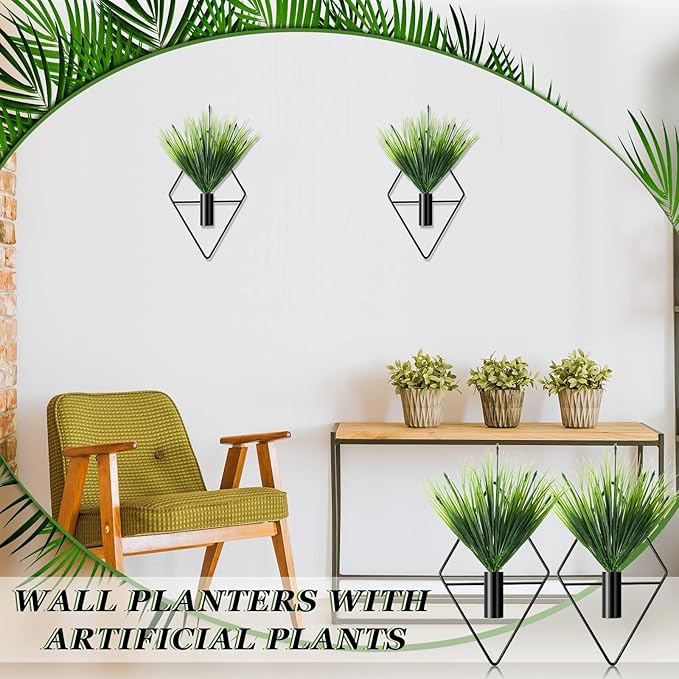 4 Pcs Wall Decor Hanging Planters with Artificial Plants Metal Hanging Vase Indoor Plants Holder Modern Boho Wall Art for Bathroom Bedroom Living Room Decor(Black,Aquatic Plant)