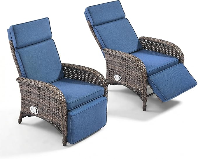 Zero Gravity Wicker Patio Recliner Chairs Set of 2 - Wicker Outdoor Lounge Chair with Adjustable Backrest & Footrest, All Weather Outdoor Reclining Chairs with Thick Cushion for Pool Deck Blue