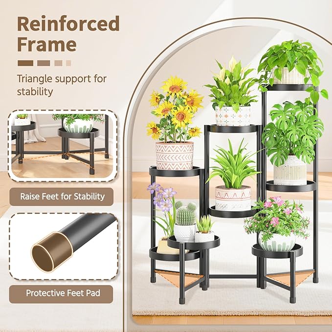 LASZOLA 8 Tiered Folding Tall Plant Stand Indoor for Multiple Large Planter, Heavy Duty Metal Adjustable Flower Rack for Narrow Corner, Sturdy Vertical Spiral Shelving Holder for Modern House, Black