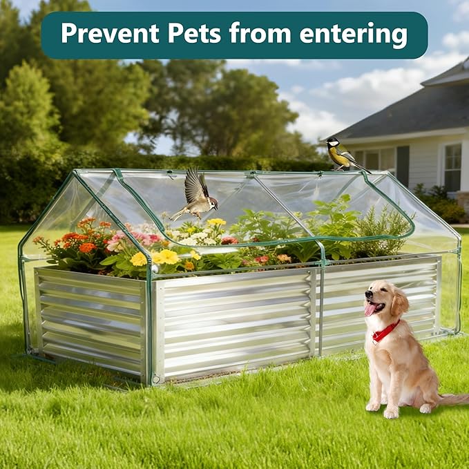 DUMOS Raised Garden Bed with Cover, 6x3x2ft Planter Box Outdoor for Deep-Rooted Herbs/Flowers/Vegetables, Large Metal Garden Bed Mini Greenhouse for Patio, Balcony and Backyard, Silver