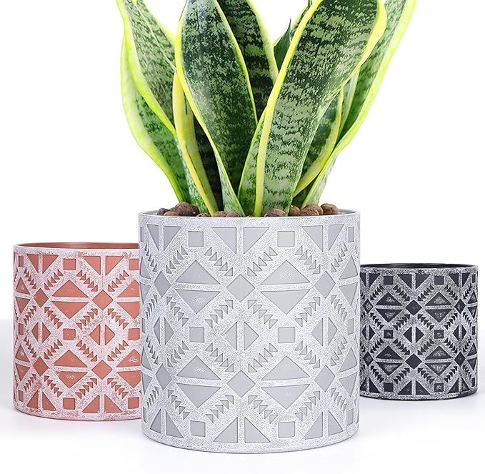 Plant Pots, Set of Indoor Plant pots, Plastic Planter with Drainage and Saucer, Modern Distinctive Self Watering Plant Pot, Spray Spots (Indoor Plant Pots)