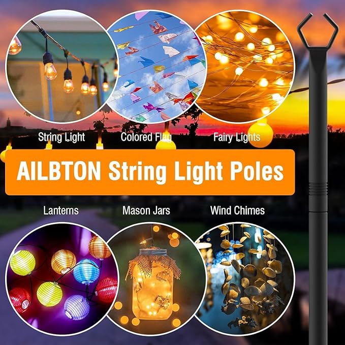 AILBTON 4 Pack 2.8Ft String Light Poles,Light Poles for Outside String Lights,Outdoor Light Poles with Fence Bracket,Metal Pole Stand for Patio,Backyard,Deck