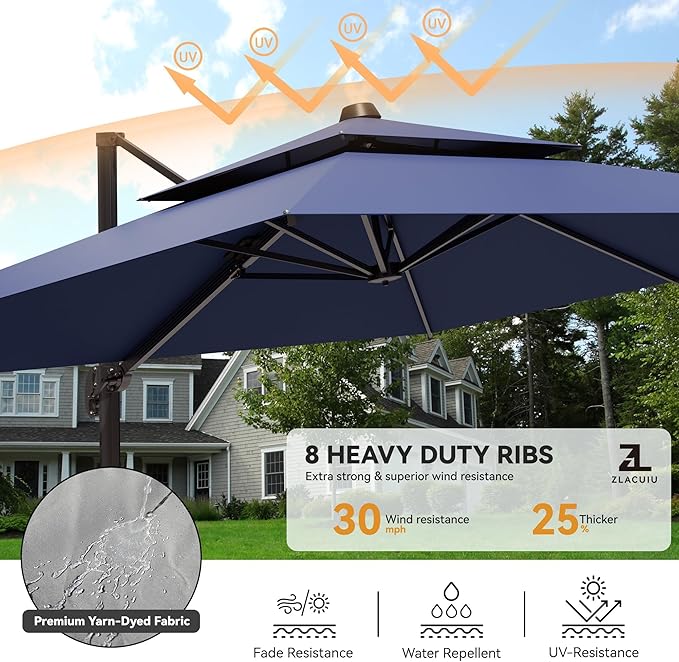 9x12FT Navy Blue Cantilever Outdoor Patio Umbrella with Base, Large Rectangular Offset Design, Double Top Heavy Duty Aluminum Frame & 360° Rotation for Pool Garden Deck Backyard