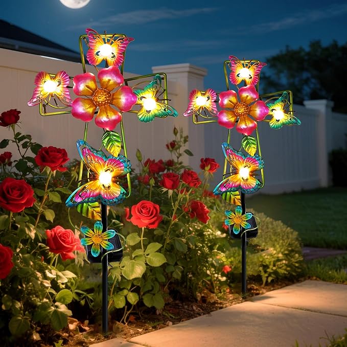 Solar Butterfly Cross Garden Stake Light, Metal Cross Cemetery Decorations for Grave Outdoor Lights, Sympathy Memorial Gifts, for Garden Lawn Yard Patio Decor