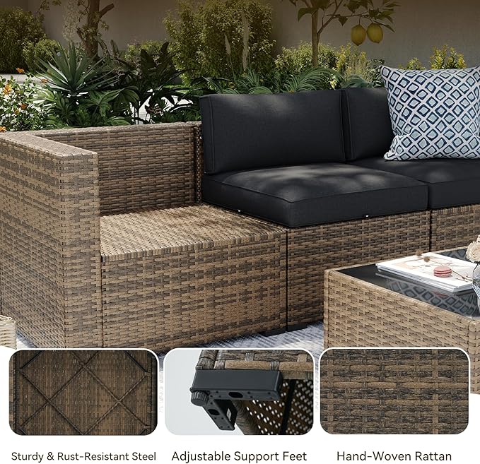 Aoxun Patio Furniture Sets, 15-Piece Outdoor Patio Furniture with 44'' Propane Gas Firepit Table, Wicker Outdoor Conversation Set Sectional Sofa for Backyard, Poolside, Garden
