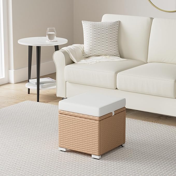 Best Choice Products Set of 2 Wicker Ottomans, Multipurpose Outdoor Furniture for Patio, Backyard, Additional Seating, Footrest, Side Table w/Storage, Removable Cushions - Natural/Ivory
