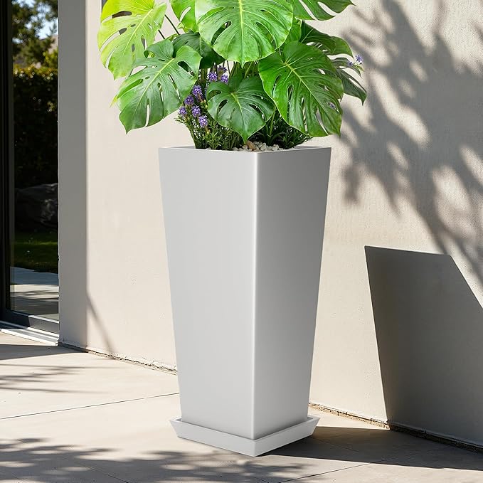 24" Tall White Planters for Outdoor Plants Set of 2, Large Flower Pots Planters with Drainage Holes & Tray, Modern Indoor Tapered Tall Planter for Front Porch
