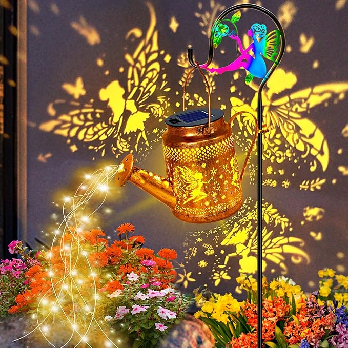 Solar Lanterns Outdoor Waterproof,Metal Watering Can Garden Decor,Fairy Hanging Solar Path Lights Yard Art,Outside Patio Decorations Gardening Christmas Gifts for Mom Grandma Women（with Shepherd Hook）