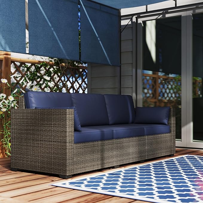 Outsunny Patio Couch PE Wicker Deep Seating Outdoor Sofa with Removable Cushions, 3 Seater Rattan Sofa, Outdoor Furniture for Balcony, Deck, Garden and Poolside, Navy Blue