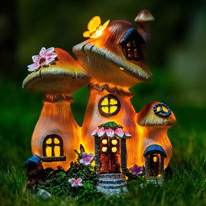 Solar Garden Statue Lights Mushroom Mothers Day Decorations Fairy House Figurine Lights, Outdoor Memorial Garden Ornaments Waterproof Decoration for Outside Patio Yard Lawn Decor