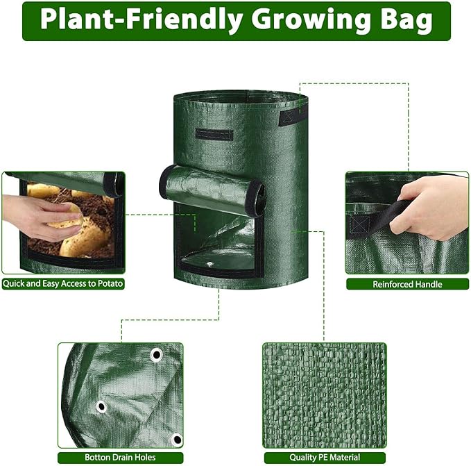 JJGoo 2 Pack 10 Gallon Garden Potato Grow Bags with Flap and Handles Aeration Fabric Planter Pots, Heavy Duty Potato Planters Garden Planting Bags for Onion, Fruits, Tomato, Carrot (Green)