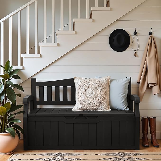 Greesum 80 Gallon Outdoor Storage Bench, Resin Patio Furniture with Armrest,Waterproof and UV-Resistant, Perfect to Garden, Poolside and Lawn, Black