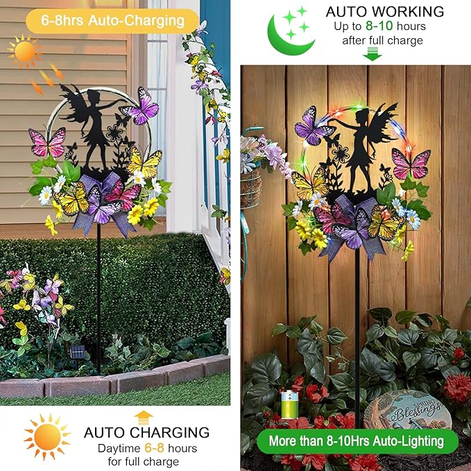 Solar Fairy Garden Decor, Silhouette Fairy with Butterflies Garden Stake,Waterproof for Outside,Walkway,Yard,Lawn,Patio