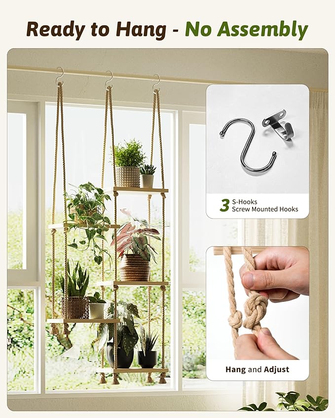 Window Plant Shelves Macrame Plant Hanger Floating Shelves Window Sill Shelf for Plants Hanging Plant Stand Indoor Window Plant Holder Boho Decor Living Room Bedroom Wall Decor