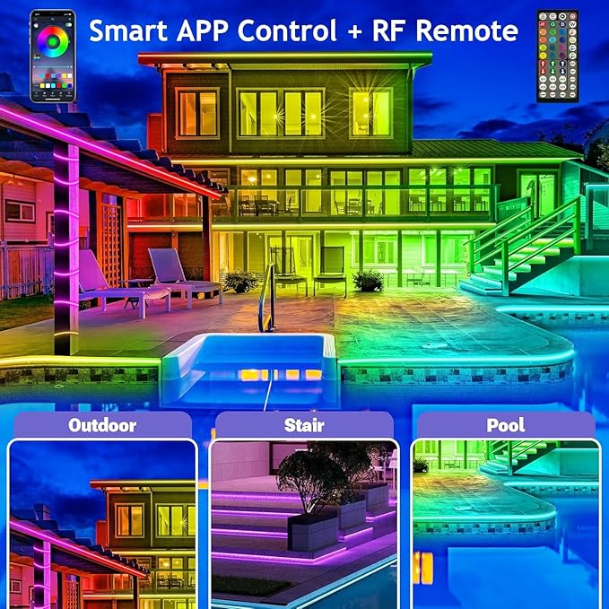 Outdoor LED Strip Lights Waterproof,IP68 Outside Led Light Strips Waterproof with Bluetooth App Remote Control,Music Sync RGB Exterior Led Rope Lights,for Balcony,Deck,Roof,Garden,Pool (200FT Outdoor)