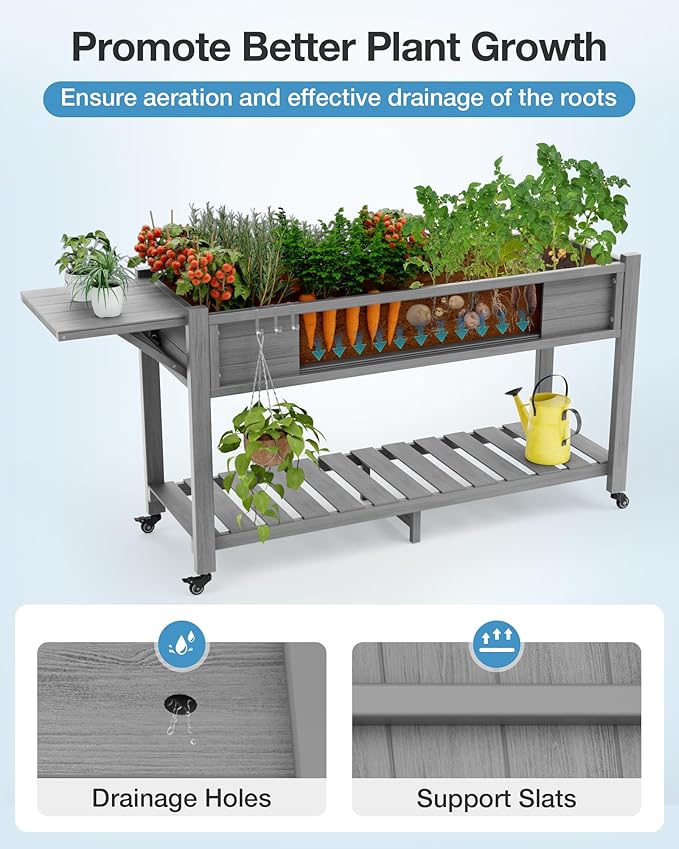 YEFU Raised Garden Bed with Legs: 57x18x30in Elevated Poly Planter with Wheels,Waterproof Mobile Raised Bed Garden, Elevated Planter Box Stand with Storage Shelf,for Deck,Patio,Porch,Yard (Grey,4pcs)