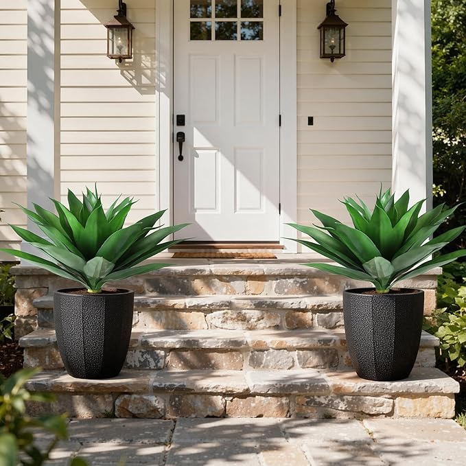 Ivydale Outdoor Faux Plants, 2 PCS 28" Artificial Agave Plant for Outdoors Outside Decoration, Large Fake Plants Realistic Greenery UV Resistant for Planter Porch Patio Yard Garden Indoor(Green)