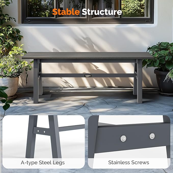 VINGLI 47” Outdoor Bench Garden Bench HDPE Porch Bench w/Metal Legs, Poly Lumber Patio Bench, 660 LBS Capacity Outdoor Backless Bench(Grey)