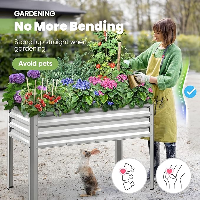 KING BIRD Large Raised Garden Bed with Legs Galvanized Elevated Planter Box 48×24×32 in for Backyard, Patio, Balcony, 400lb Capacity, Silver