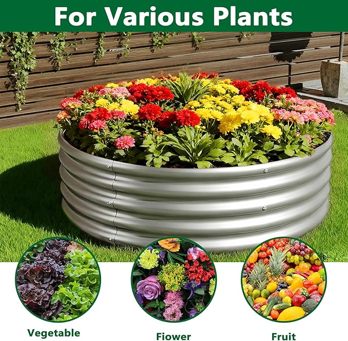 zizin 2 Pack Galvanized Raised Garden Bed Metal Round Raised Garden Beds Outdoor Planter Box for Vegetables (2FT, Silver)