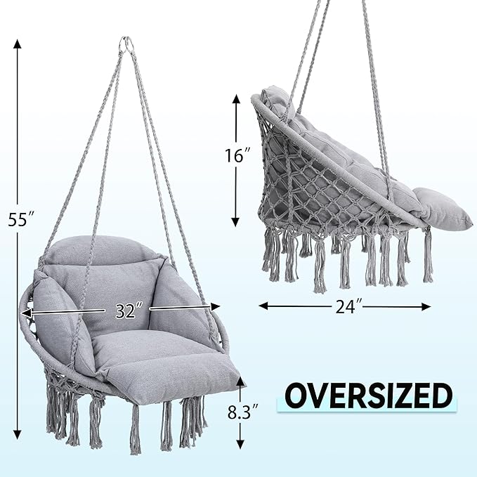 Macrame Hammock Hanging Swinging Chair with Oversized Cushion, Perfect for Bedroom, Porch, Kids, Adults, Balcony, Grey