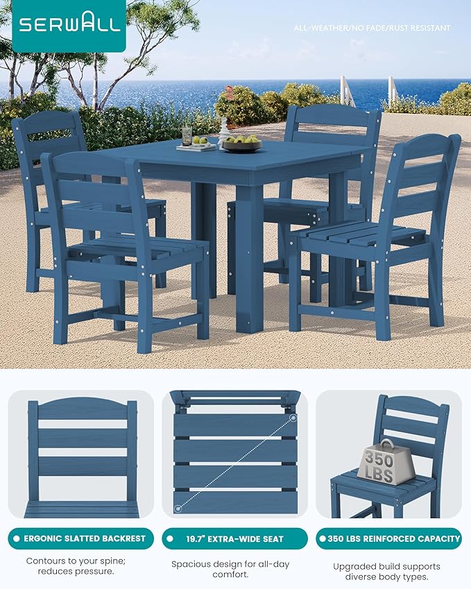 SERWALL Outdoor Dining Set for 4, HDPE Square Table and Chairs Set All Weather Patio Dining Set with 4 Armless Chairs for Patio, Blue