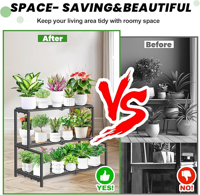3 Tier Stair Style Metal Plant Stand for Indoor Outdoor, Heavy Duty Plant Display Shelf for Multiple Plants, Garden Rack Flower Pot Holder for Living Room Patio Balcony