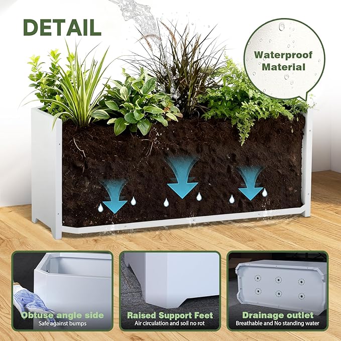 Steel Planter Box-36"x15"x15"-Large Rectangular Planters for Outdoor Plants, White Matel Planter Box Raised Support Feet for Patio, Deck, Garden, Yard, Drain Holes, Easy Assembly