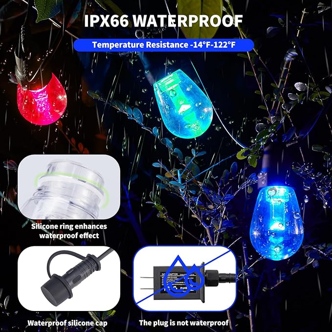 Outdoor String Lights 27FT, Outdoor Lights for Patio with 10 Dimmable RGBW LED Bulbs, IP66 Waterproof Shatterproof, with APP Control & Remote, 24V Adapter Color Change,for Backyard Decor
