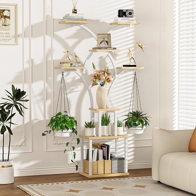 Elbourn Plant Stand Indoor with Grow Lights - 60" Tall Metal Plant Shelf for Multiple Plants, 8 Tiered Corner Plant Stands for Indoor Plants, X - Shaped Decorative Rack for Home, Living Room & Patio Decor (White)