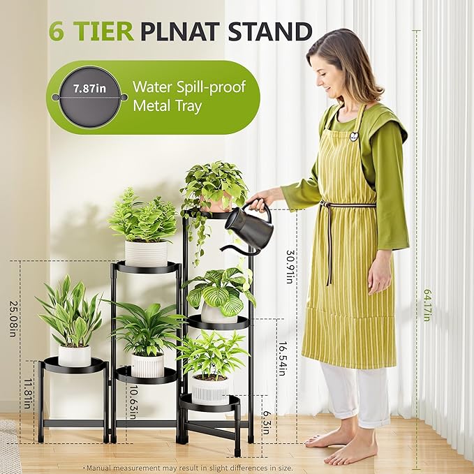 6 Tier Plant Stand Indoor, Tiered Plant Stand Outdoor for Multiple Plants, Corner Plant Shelf for Patio Balcony Porch Garden Living Room House, Black